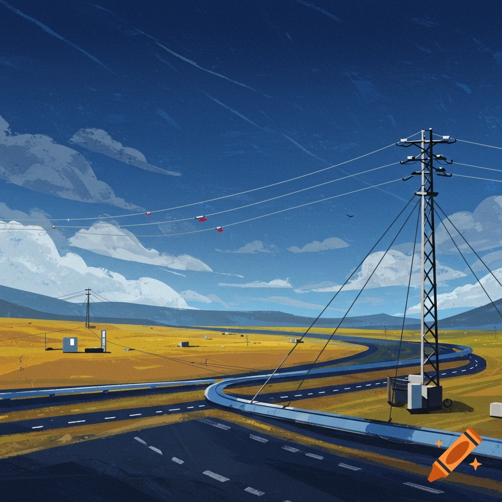 A winding road and power lines cross a golden field under a cloudy blue sky in a stylized illustration.