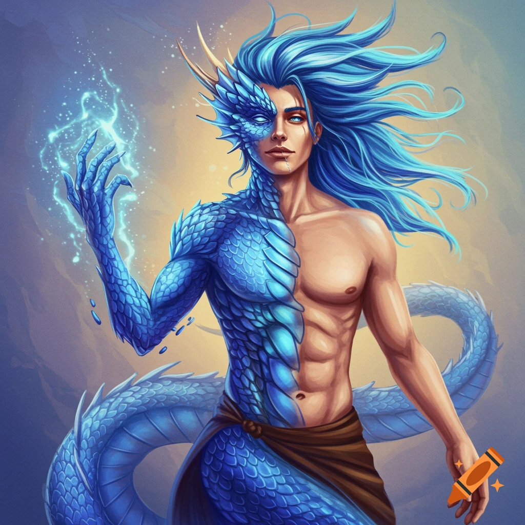 Illustration of a shirtless man transforming into a blue dragon, holding crackling energy in his hand.