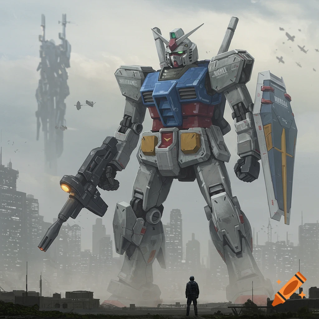 A colossal mecha robot stands in a hazy cityscape, looking down at a lone figure on the ground. Concept art style.