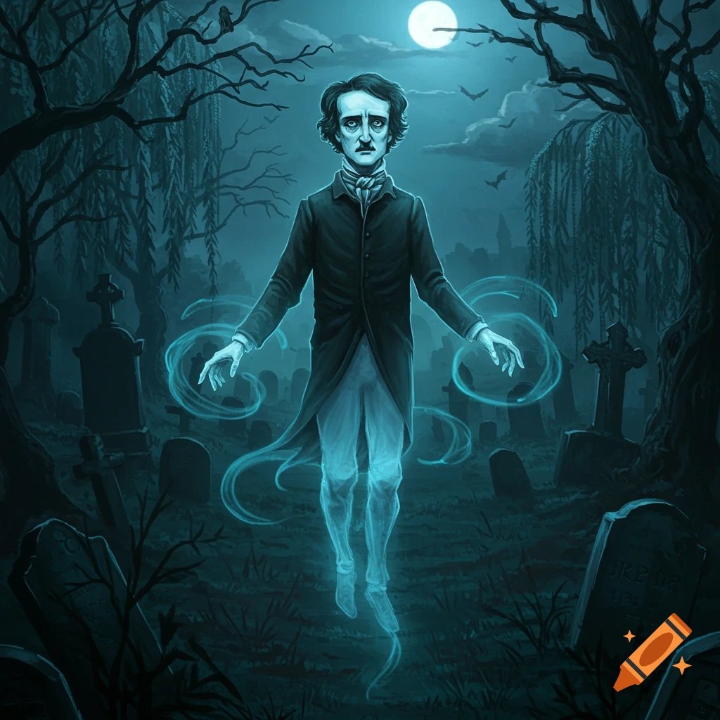 Illustration of Edgar Allan Poe as a glowing ghost floating in a dark graveyard at night under a full moon.