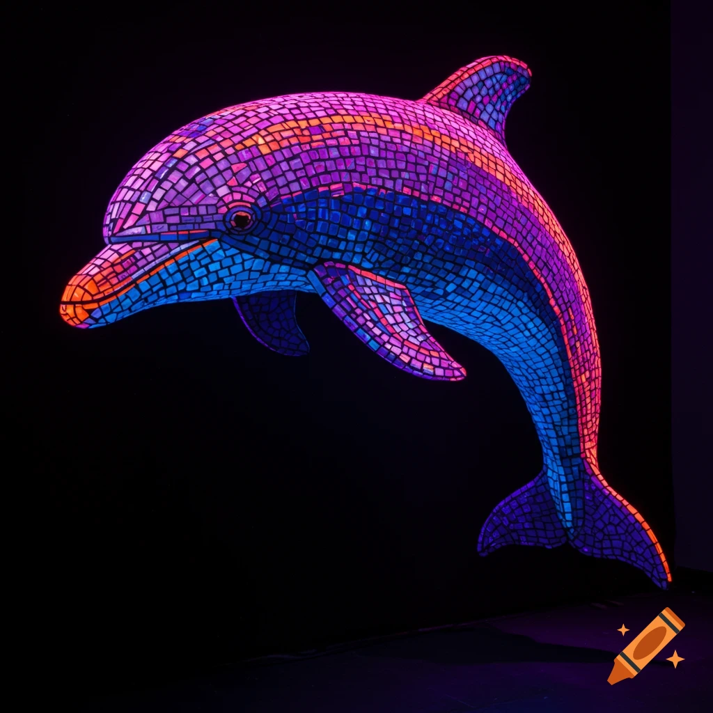 A vibrant mosaic artwork of a dolphin glowing with electric neon colors.