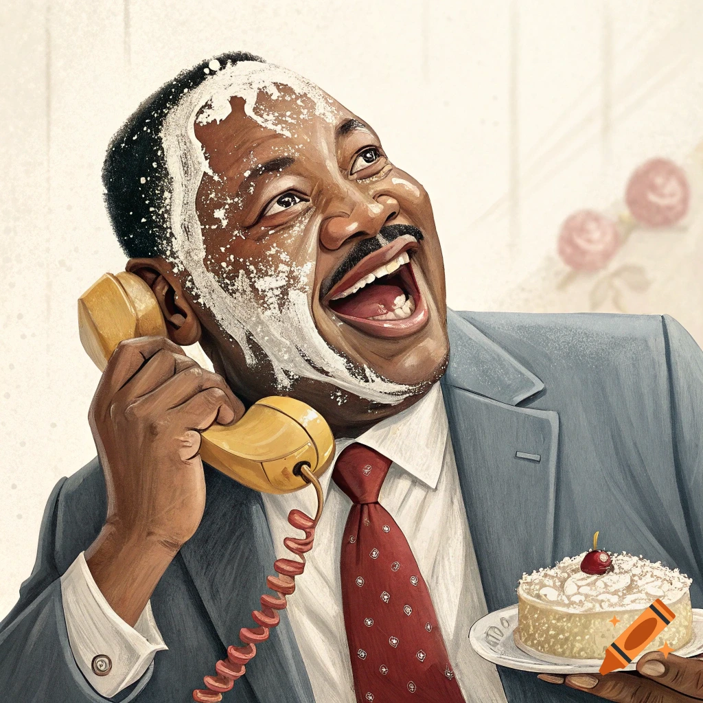 Illustration of a man with cream on his face holding a phone and cake