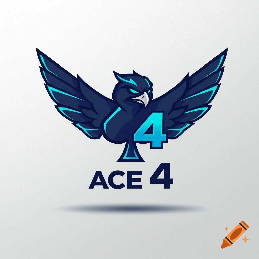 Logo with a dark blue bird mascot, glowing blue accents, and the number 4, with the text ACE 4 below.