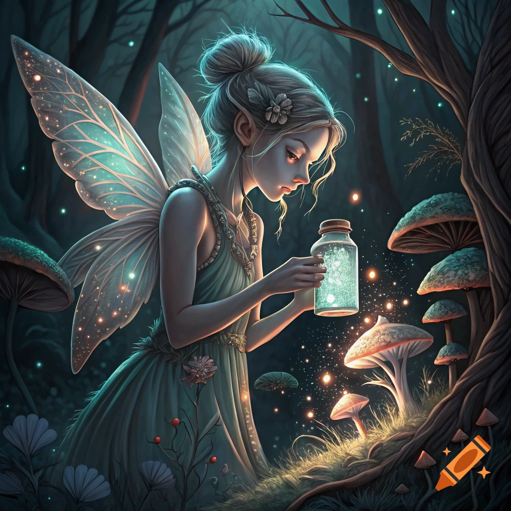 A fantasy illustration of a fairy holding a glowing jar in a forest with mushrooms.