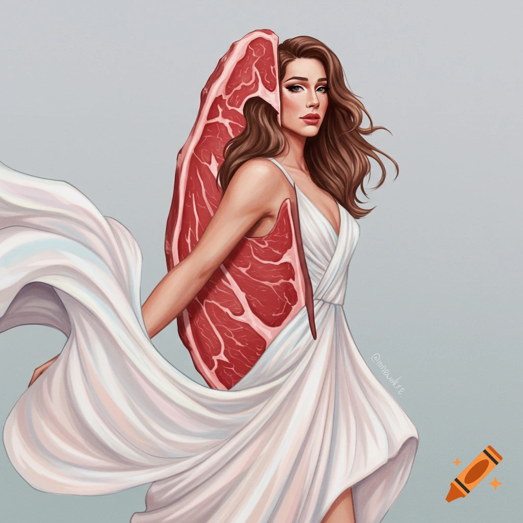 Surreal illustration of a woman in a white dress with a piece of raw meat attached to her back.