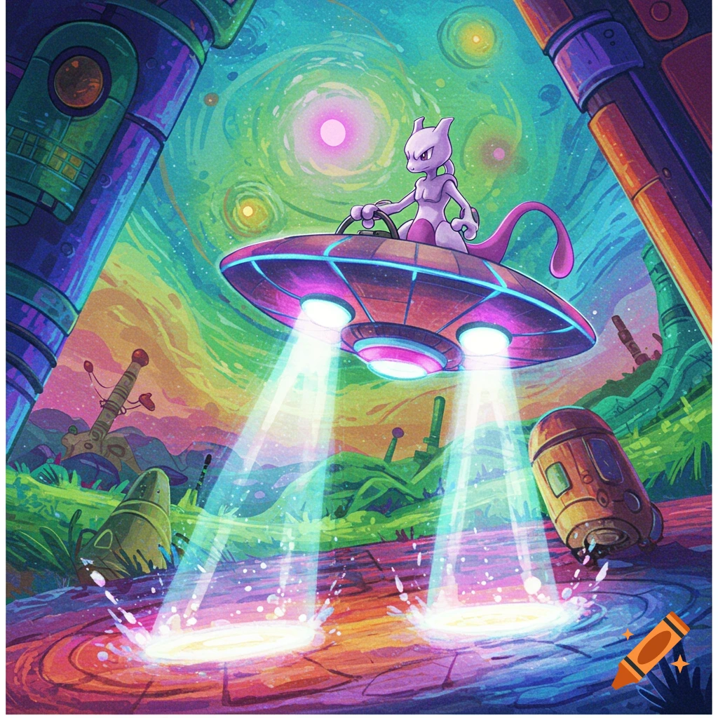 Mewtwo flies a glowing UFO over a colorful alien landscape.