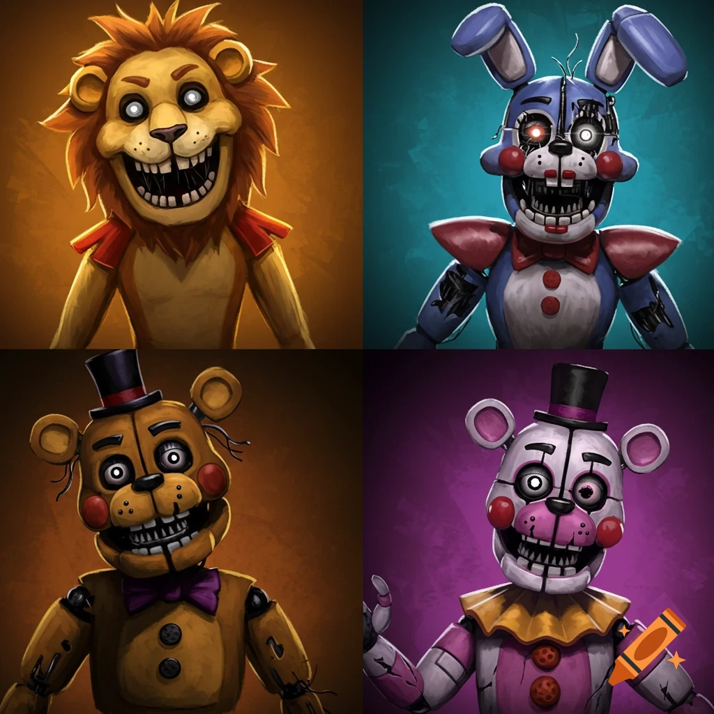 Four portraits of unsettling animatronic characters: a lion, a rabbit, a bear, and a clown bear.
