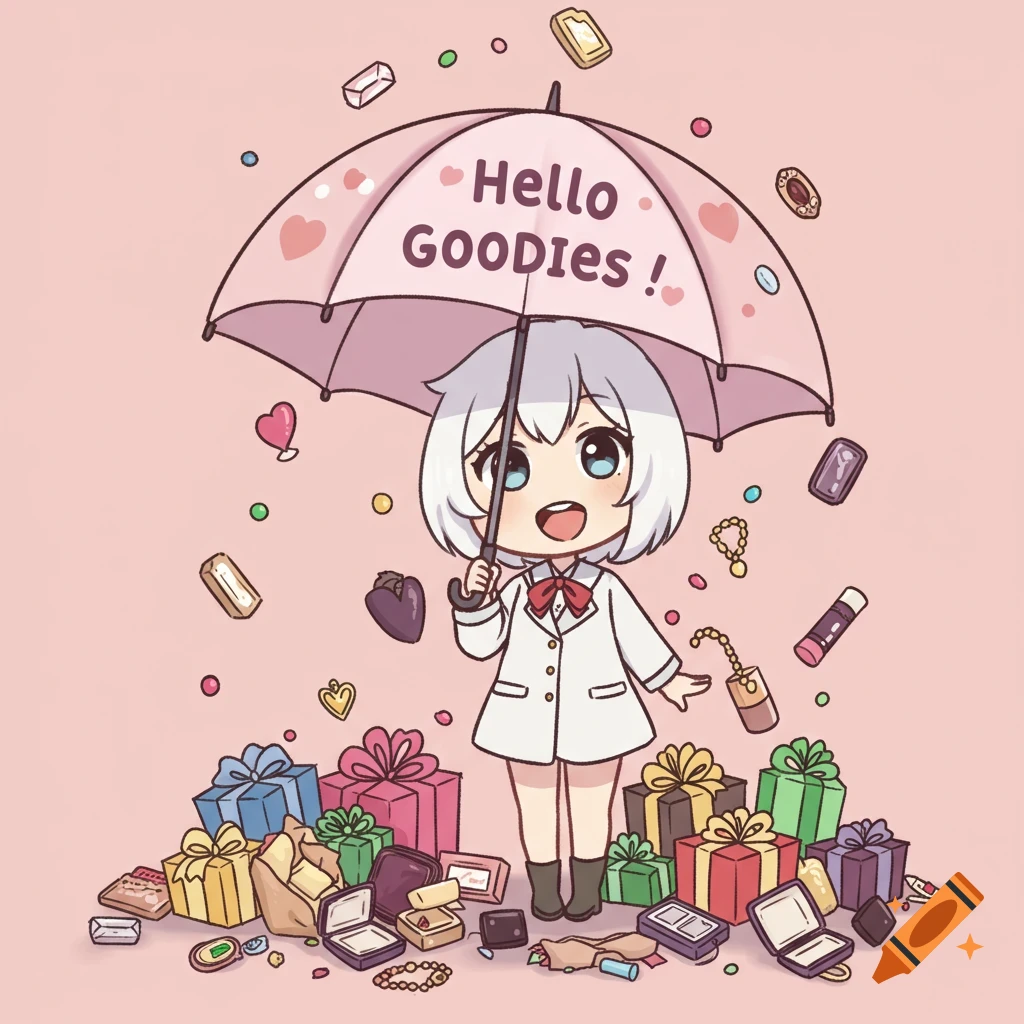 Cute anime-style woman with umbrella, raining presents and jewelry