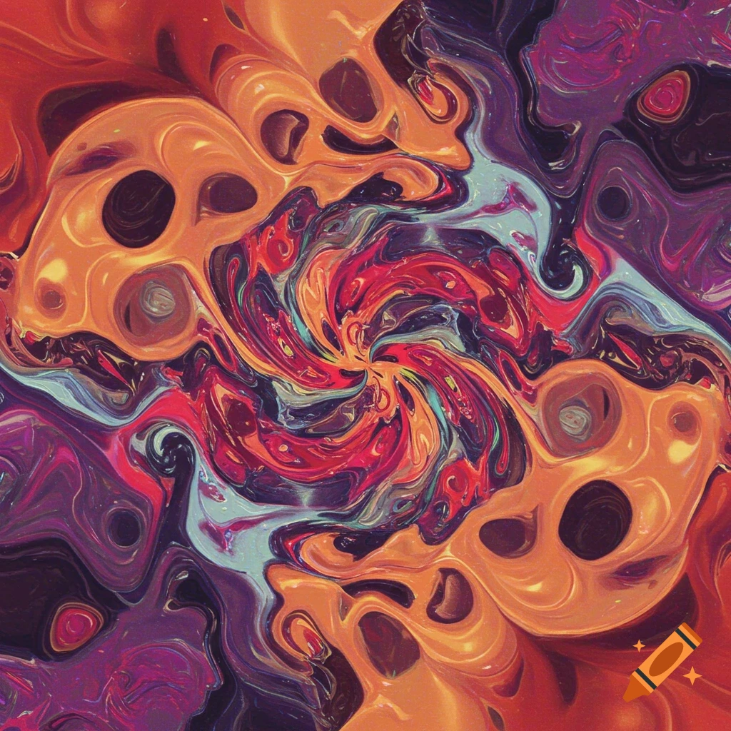 Abstract swirling pattern in vibrant orange, red, purple, and blue.