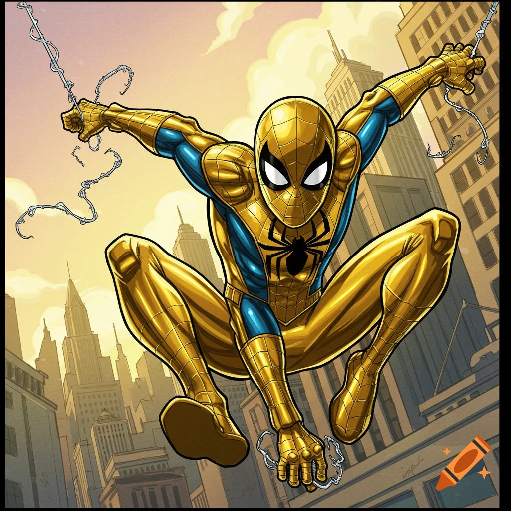 Golden Spider-Man swings through a city in a comic book style illustration.