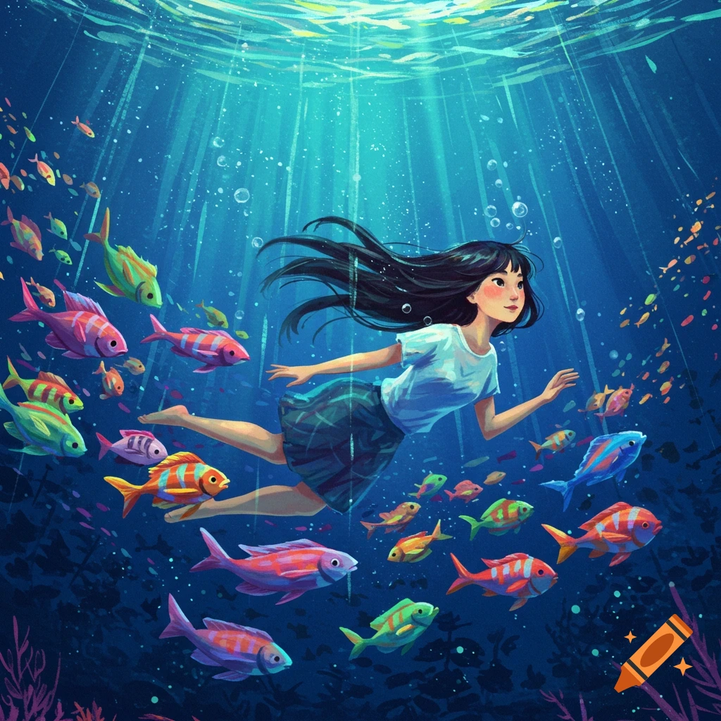 An illustration of a girl swimming underwater with colorful fish.