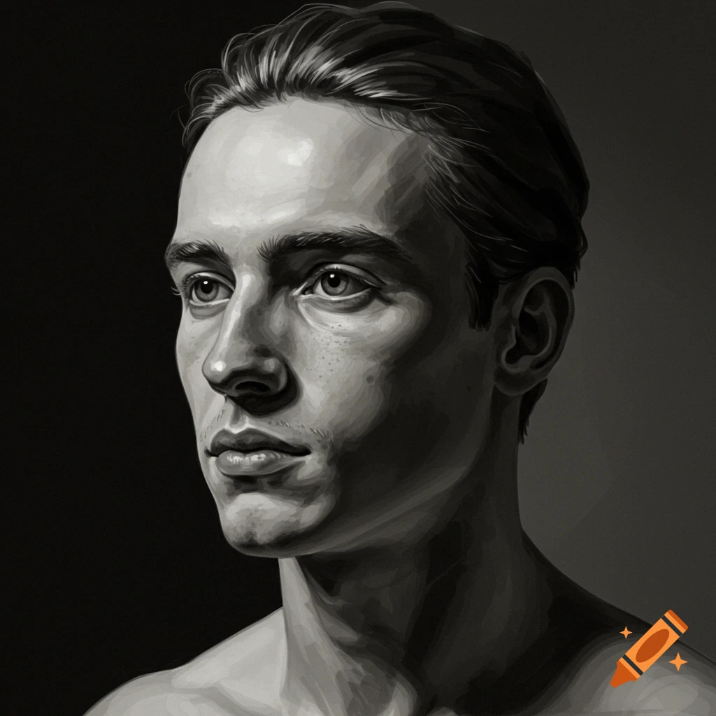Black and white painted portrait of a man with strong lighting