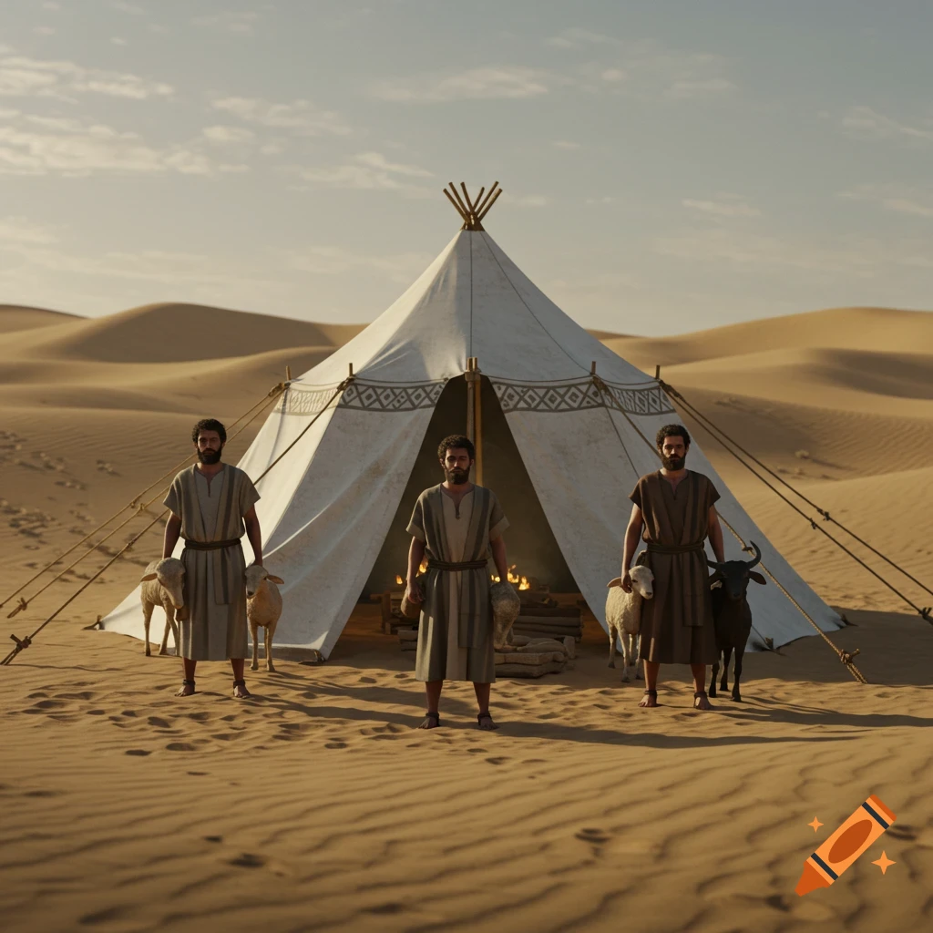 Three men in ancient robes stand with sheep and a bull outside a tent in the desert.
