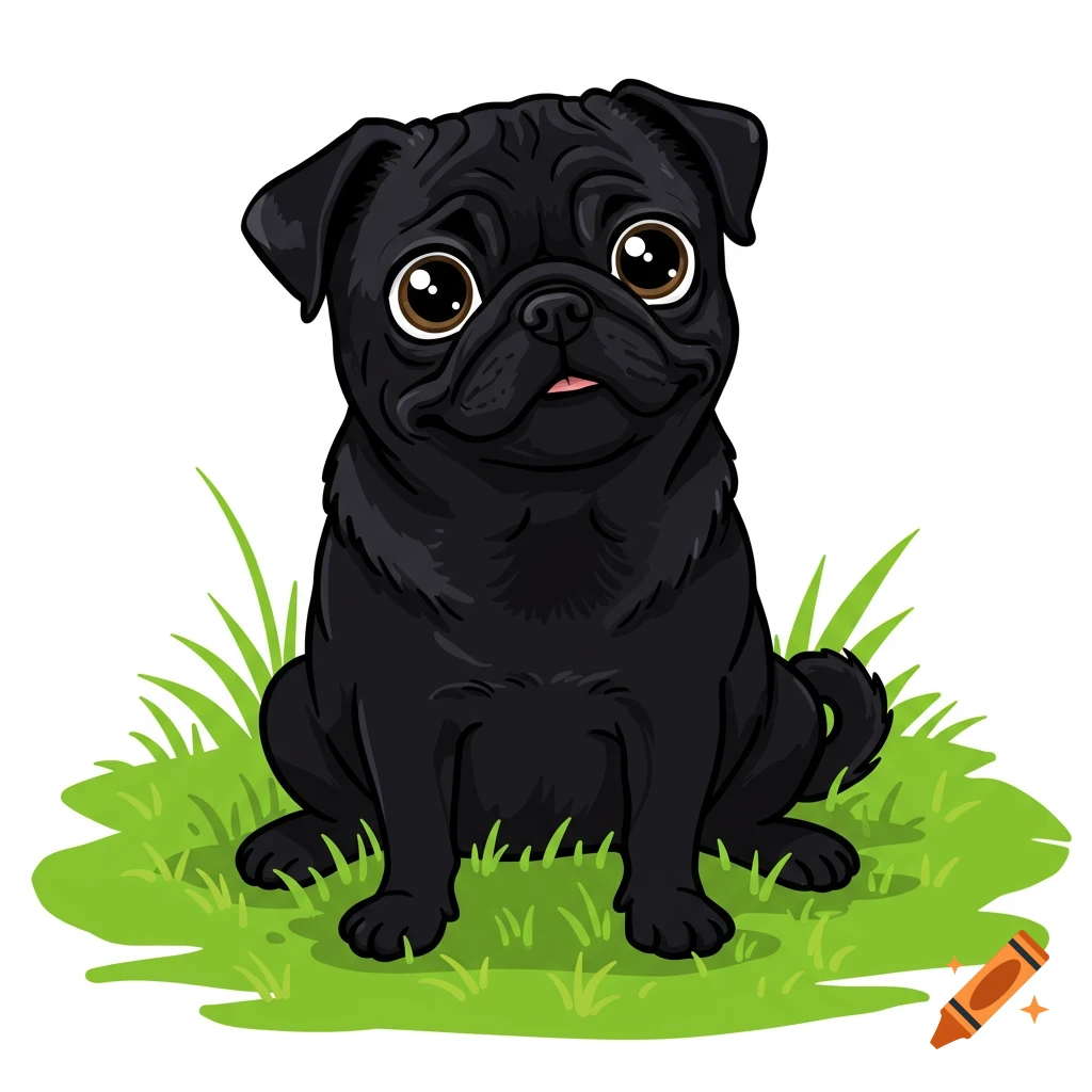 Cartoon illustration of a black pug sitting in green grass