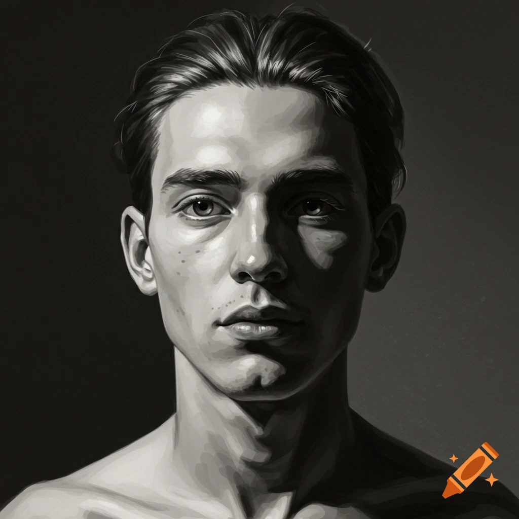 Grayscale portrait drawing of a young man's head and shoulders with dramatic lighting.
