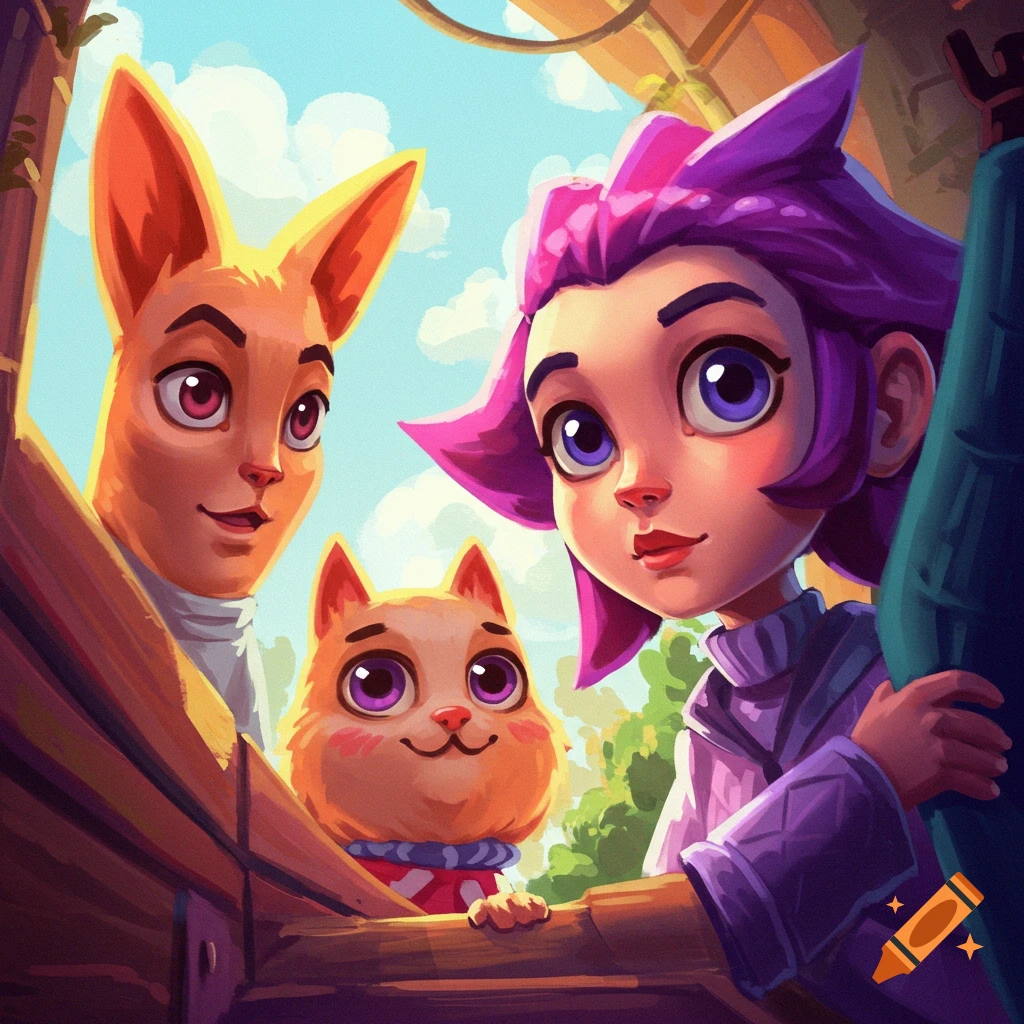 A stylized digital illustration of a girl with purple hair, a dog-like character, and a cat peeking from inside a wooden structure.