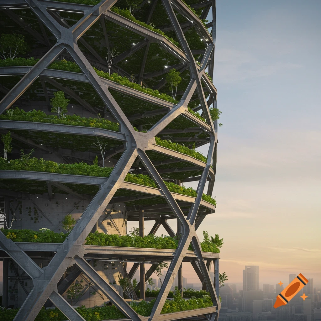 Photorealistic image of a vertical farming tower with a steel structure and plants, against a city skyline at dusk.