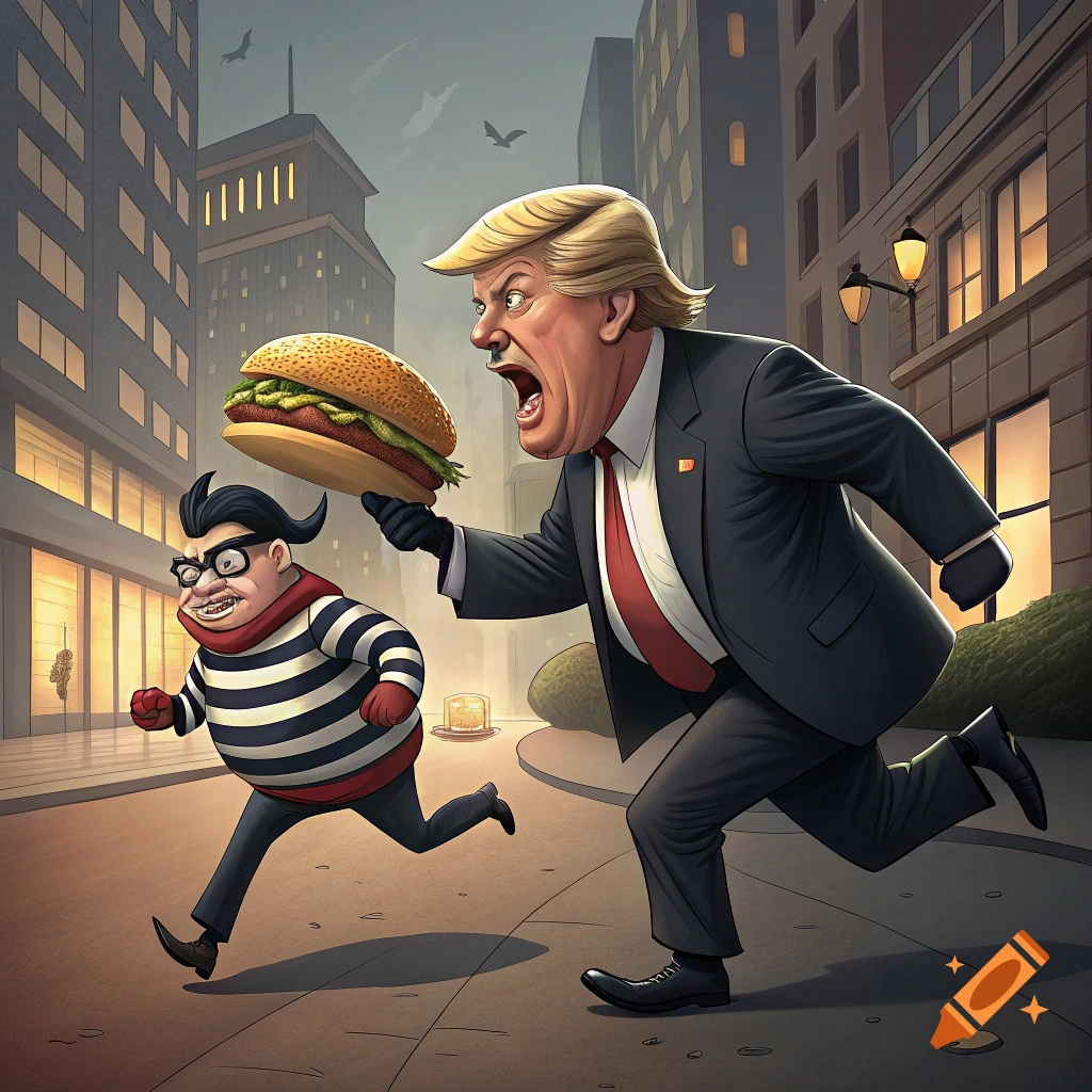 Cartoonish illustration of Donald Trump chasing the Hamburglar with a giant burger in a city street.