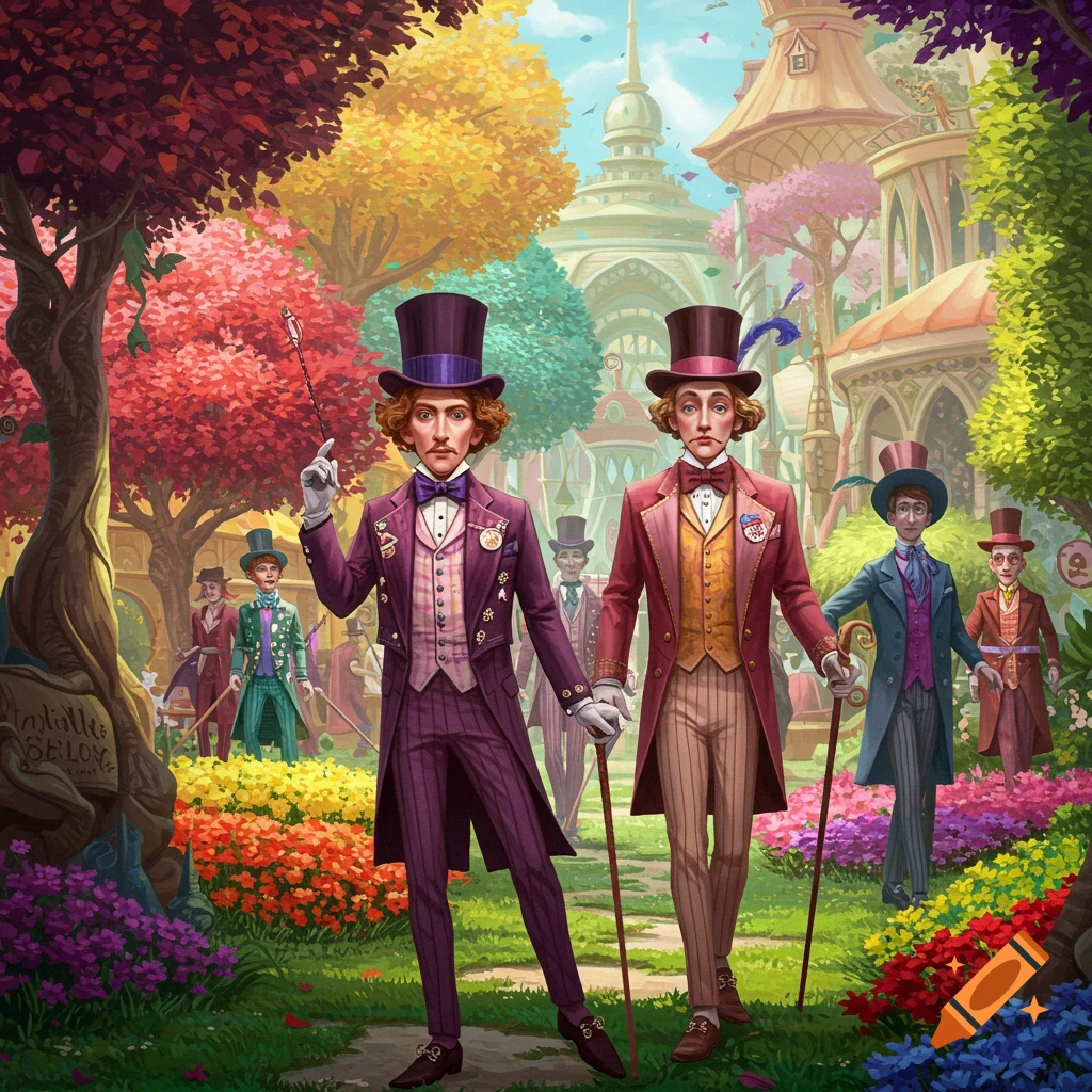 Two men in top hats and suits walk through a colorful, fantastical garden with elaborate buildings.