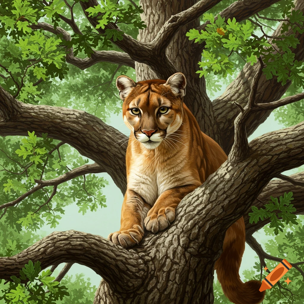 A cougar sits perched on a large tree branch, surrounded by green leaves.