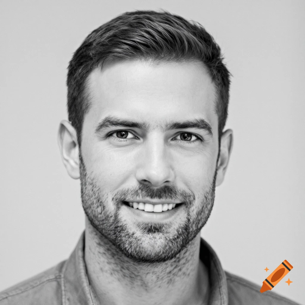 Black and white close-up portrait of a smiling man with a beard.