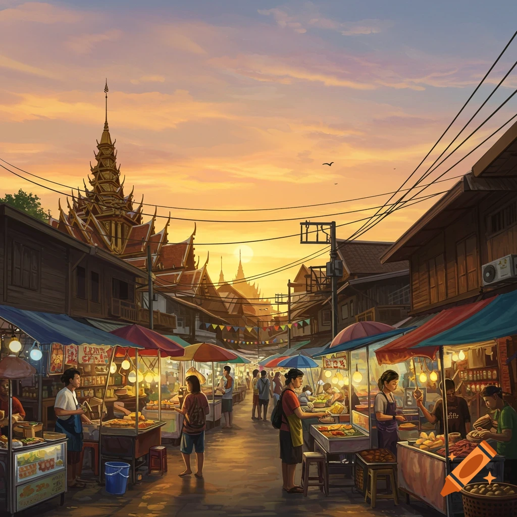 A street market scene in Thailand at sunset with people browsing stalls.