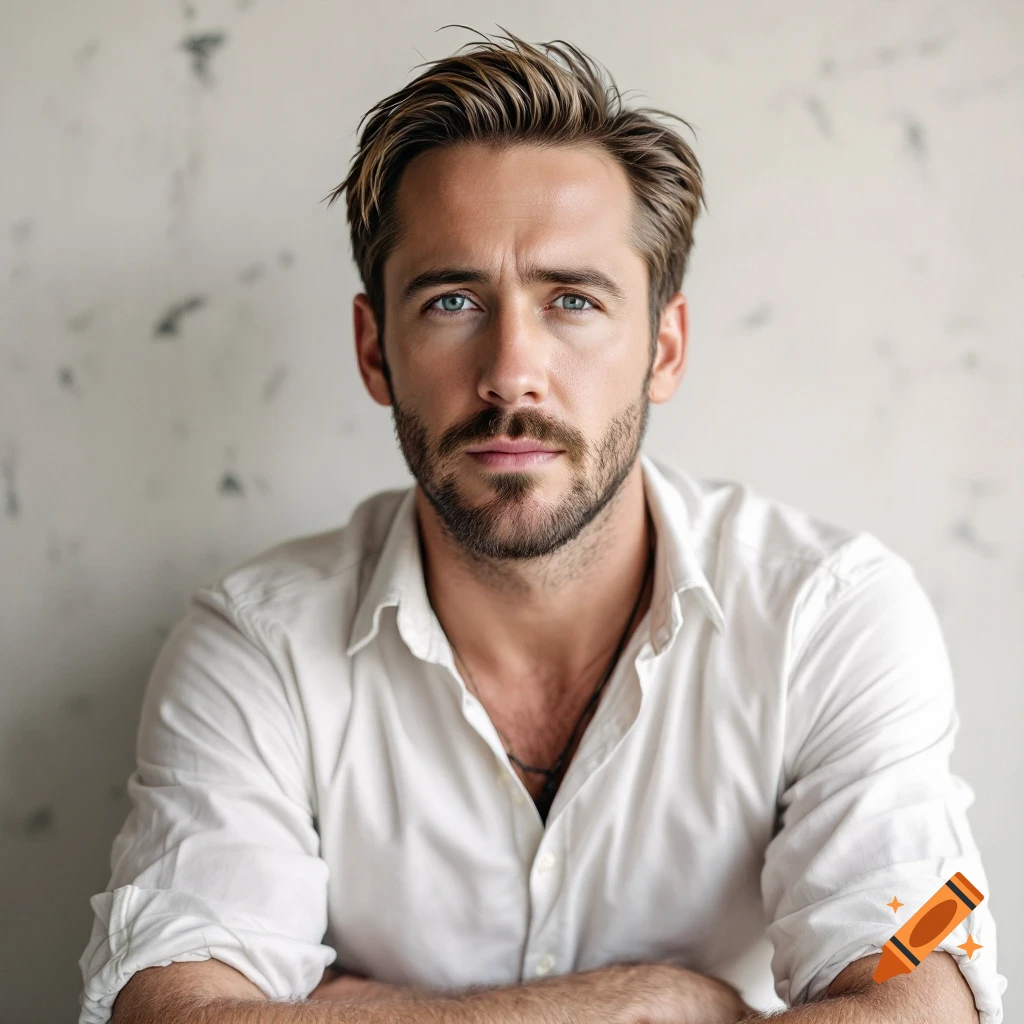 Portrait of a man with a beard and blue eyes, wearing a white shirt, against a textured background.