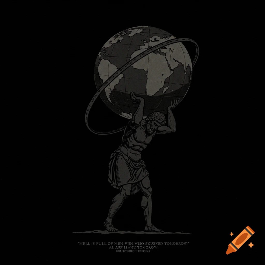 Atlas carrying the world design with quote in dark gray