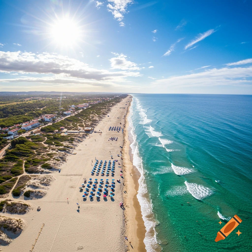 Aerial view of a sunny beach with blue umbrellas, people, town, and clear blue ocean.