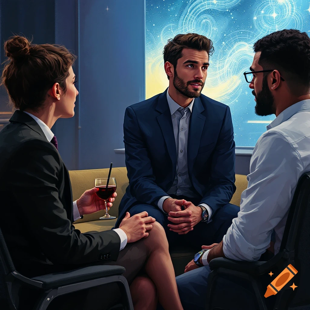 Three professionals in business attire sit and talk in a lounge setting