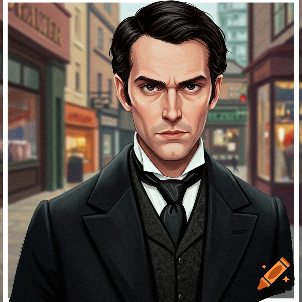 Stern man in historical clothing stands on a street.