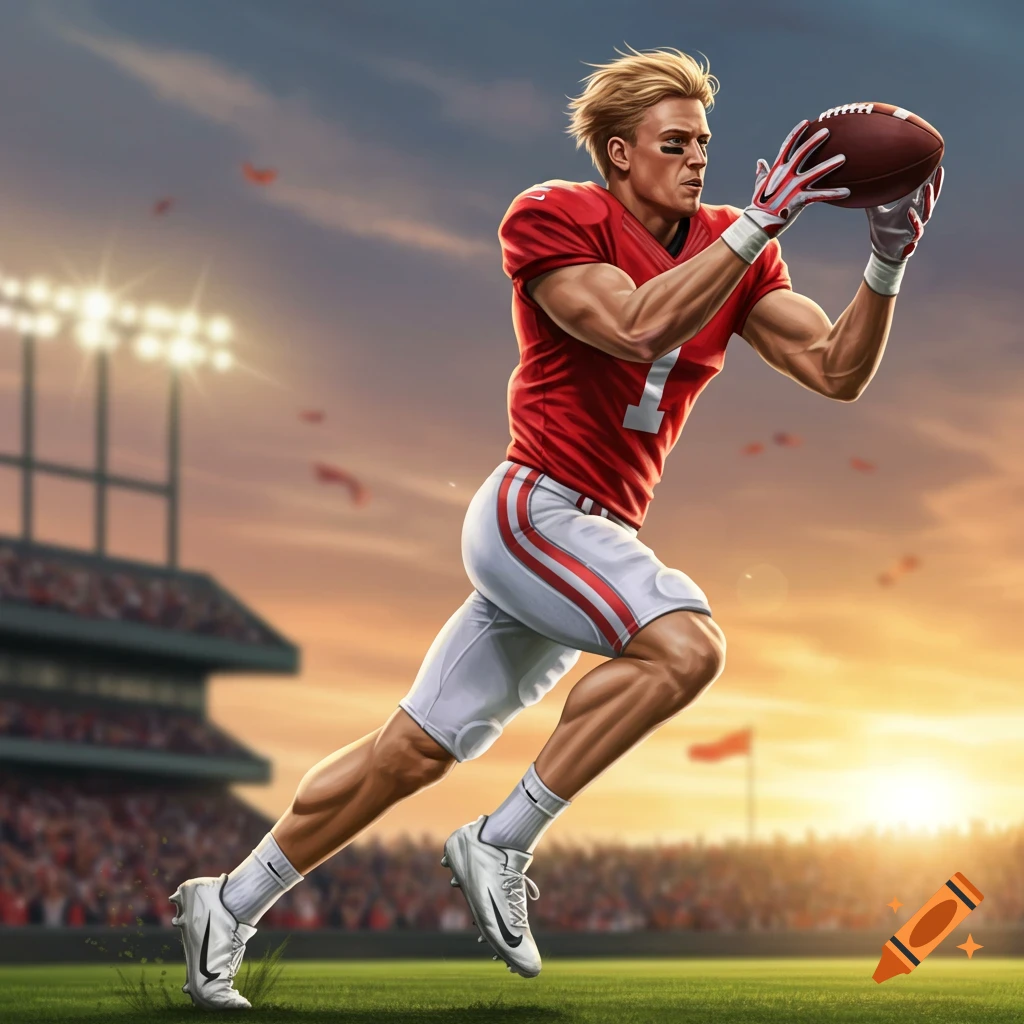 A muscular football player in a red jersey catches a pass in a stadium at sunset, illustrated.