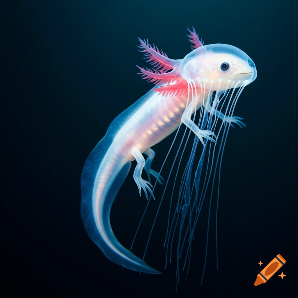 A translucent axolotl-jellyfish hybrid creature floats in dark water.