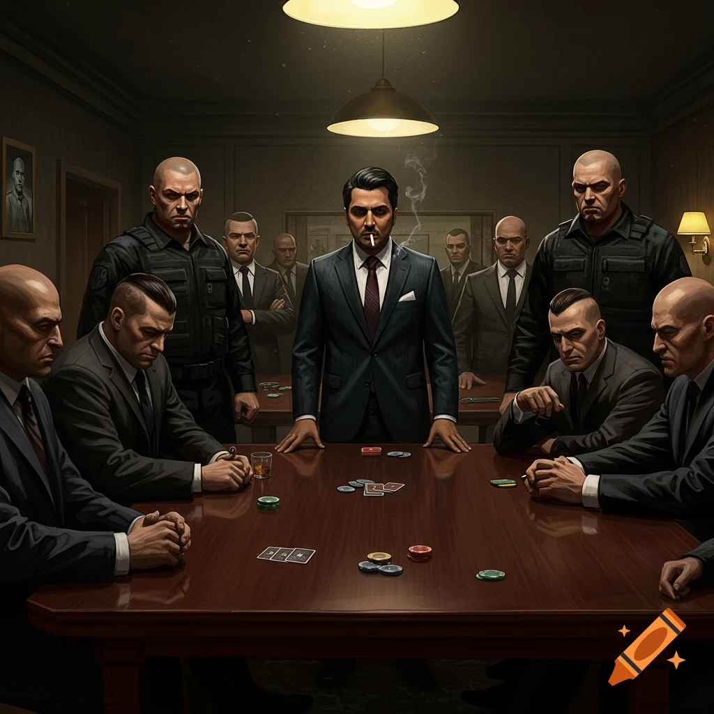 Group of men, some in suits, playing poker at a table in a dark room.