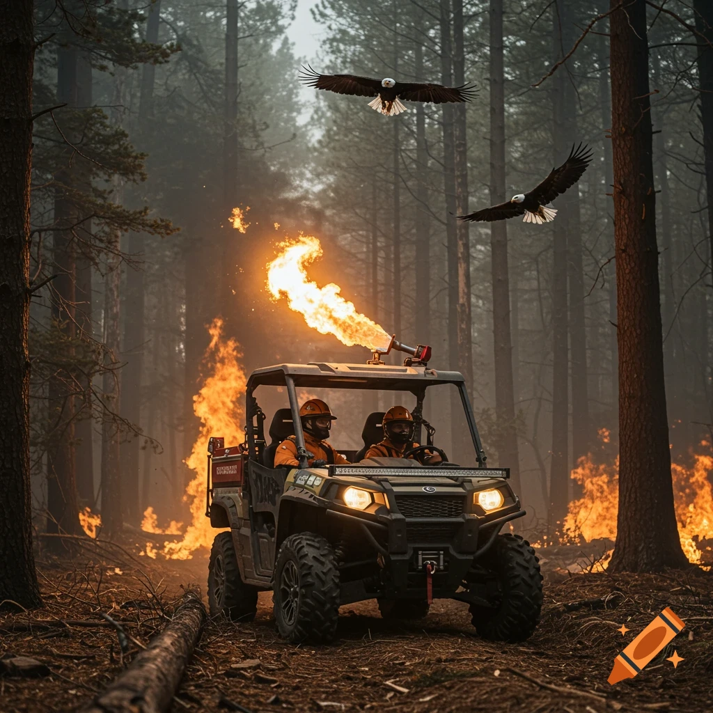 A UTV equipped with a flamethrower drives through a burning forest, with eagles flying overhead.