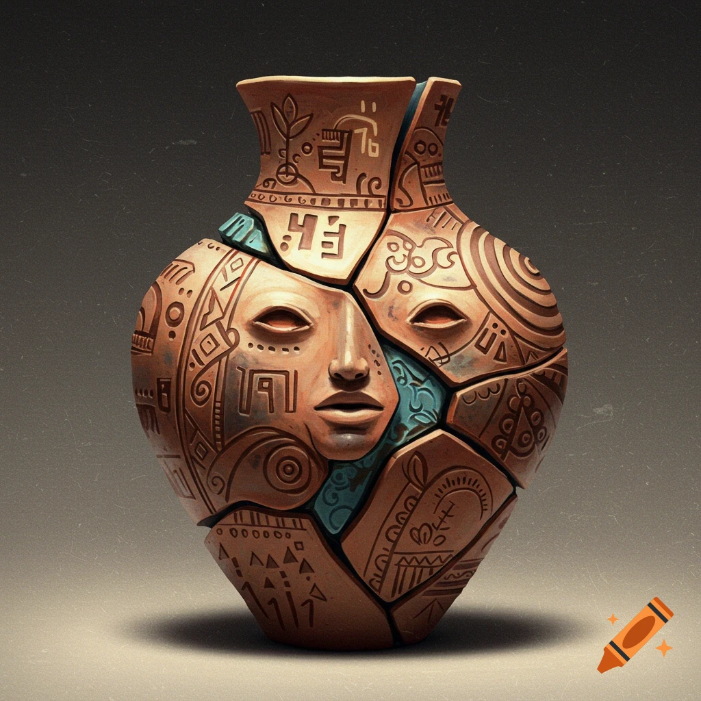 Broken ceramic vase sculpture with a face and tribal patterns
