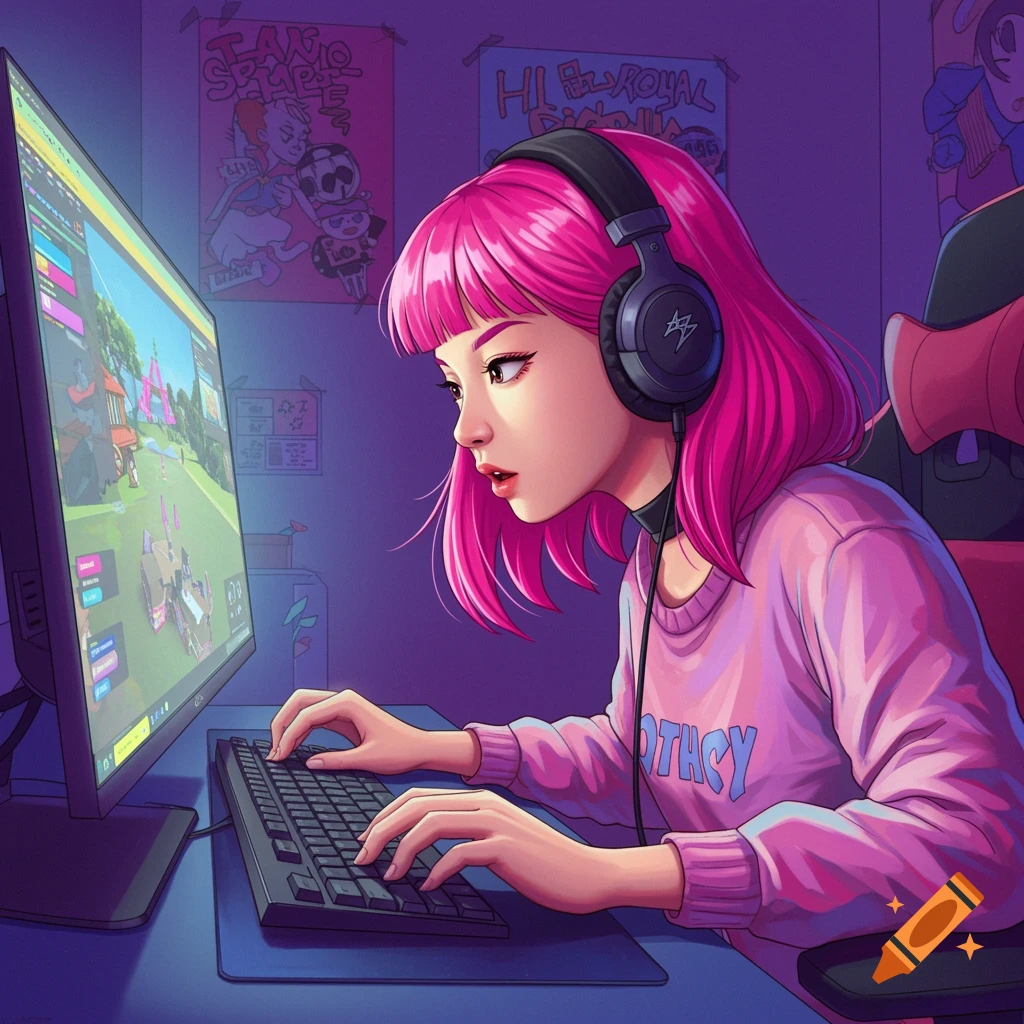 Anime-style illustration of a pink-haired girl wearing headphones, playing a video game on a computer.