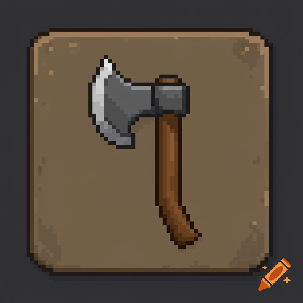 Pixel art icon of a hatchet on a brown background