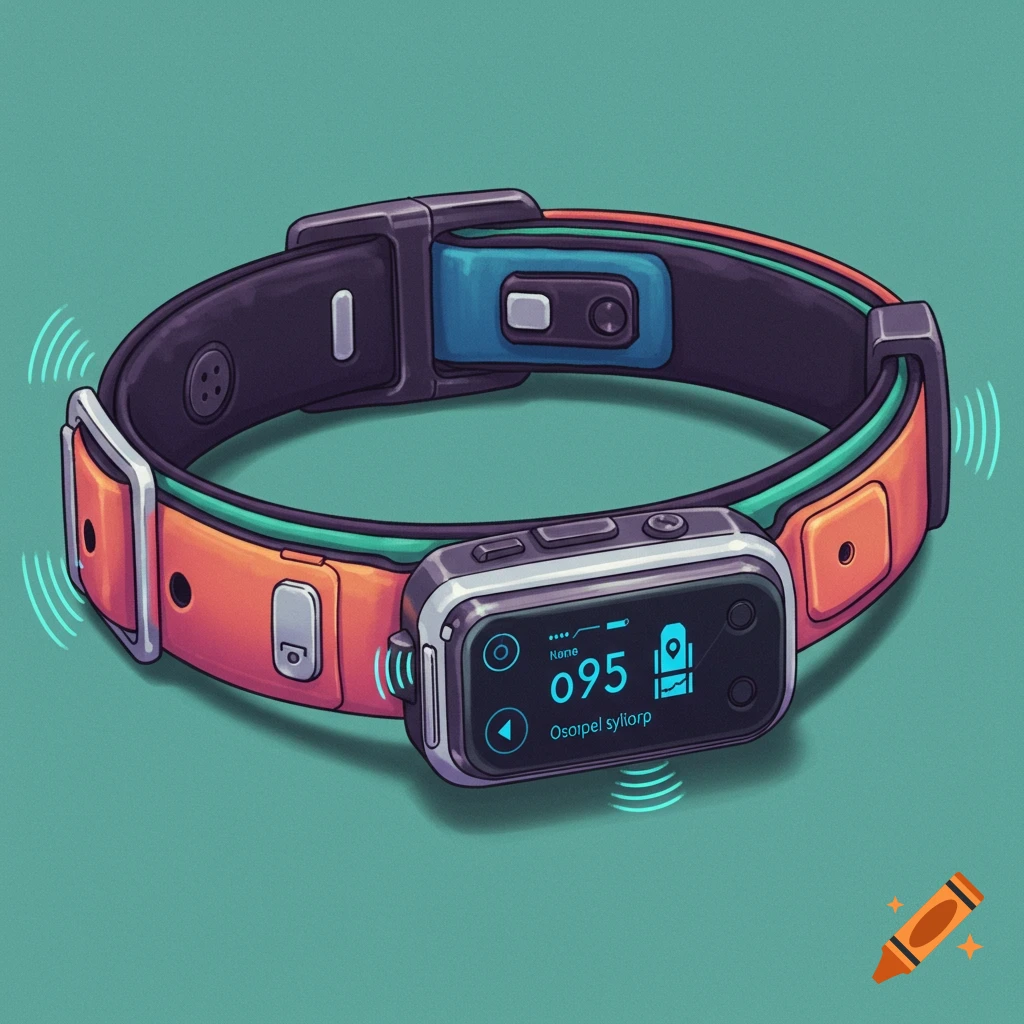 An illustration of a futuristic smart dog collar with a screen showing numbers and illegible text.