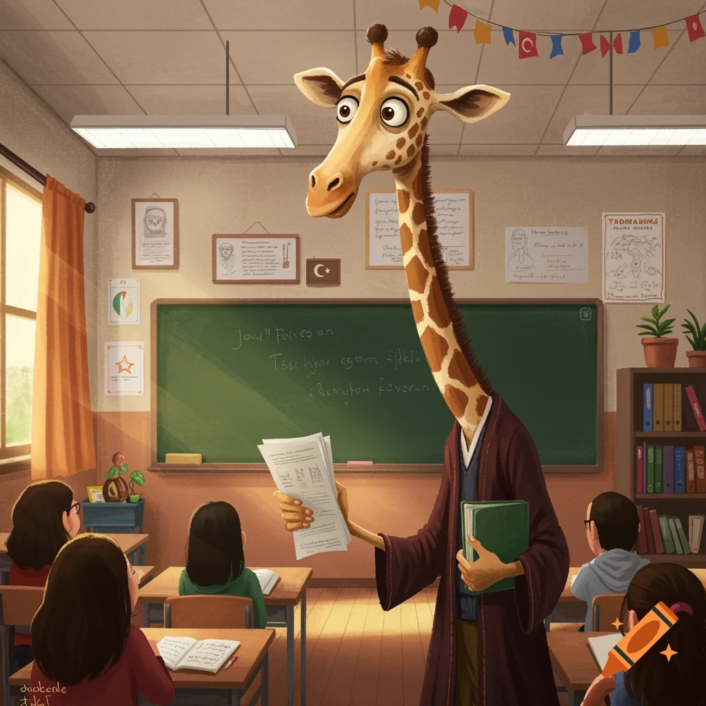 A cartoon giraffe teacher stands in front of a blackboard, holding papers and a book, addressing students in a classroom.