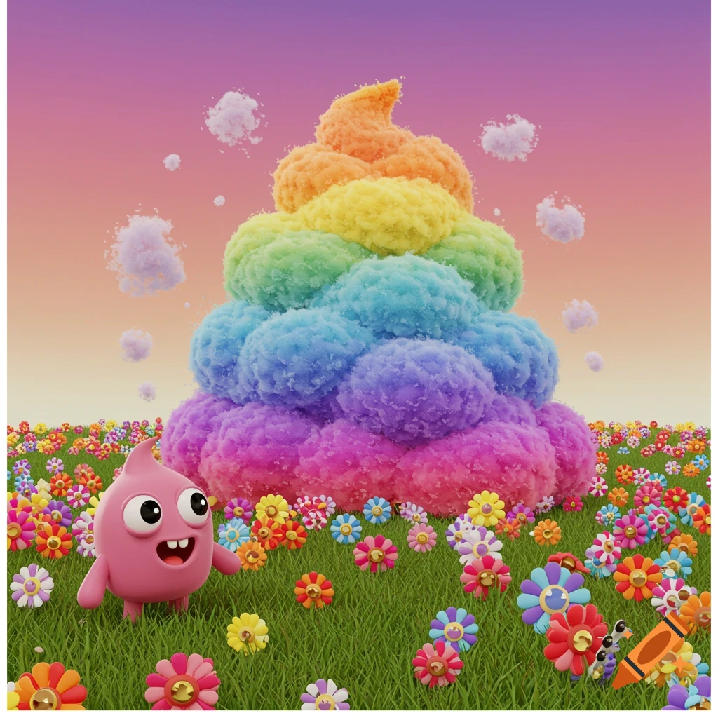 Cartoon pink creature smiles near large rainbow fluff pile in a field of bright flowers.