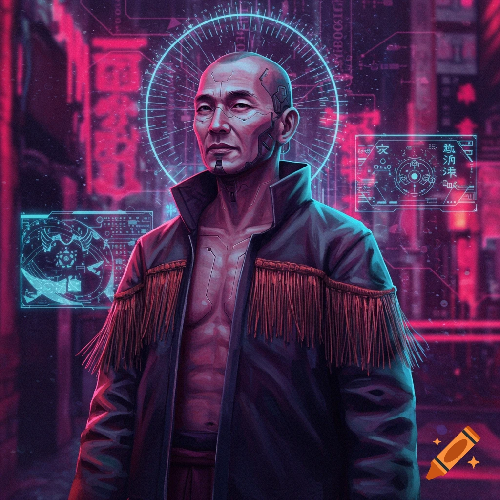 Cyberpunk portrait of a man with facial implants wearing an open jacket with fringe in a neon city.