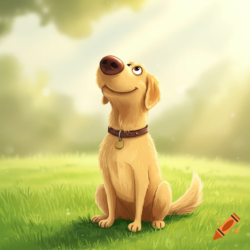 A cartoon golden retriever sits in a sunny field looking up