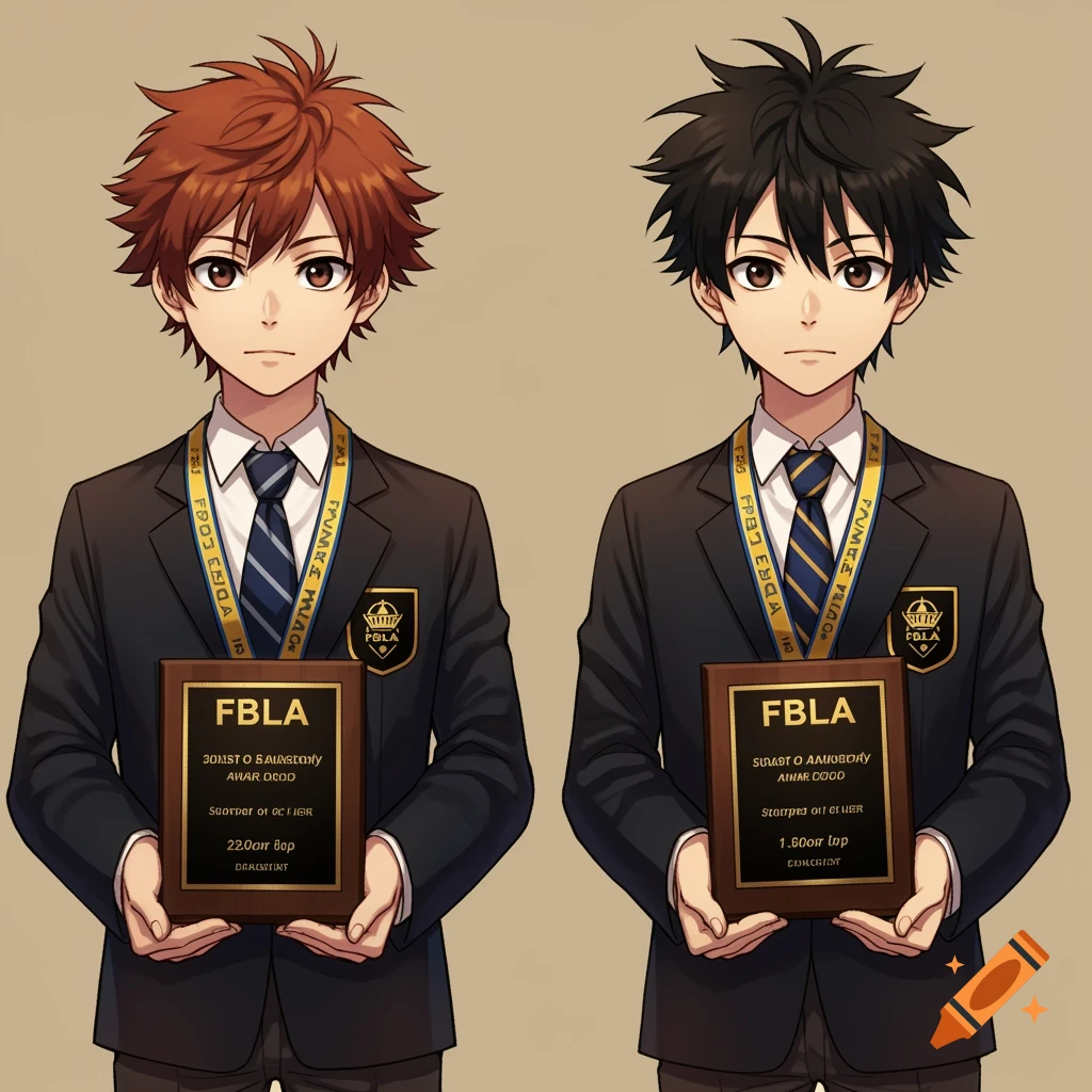 Anime boys in suits holding FBLA award plaques