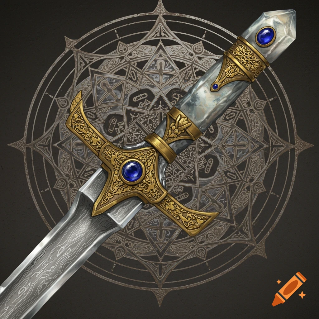 Detailed fantasy sword with a Damascus blade, quartz handle, brass inlay, sapphire gems, and a mandala pattern background.