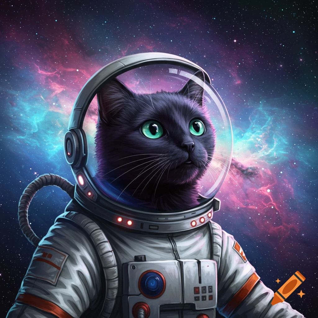 A black cat wearing an astronaut suit and helmet looks out into a colorful space background with nebulae and stars.