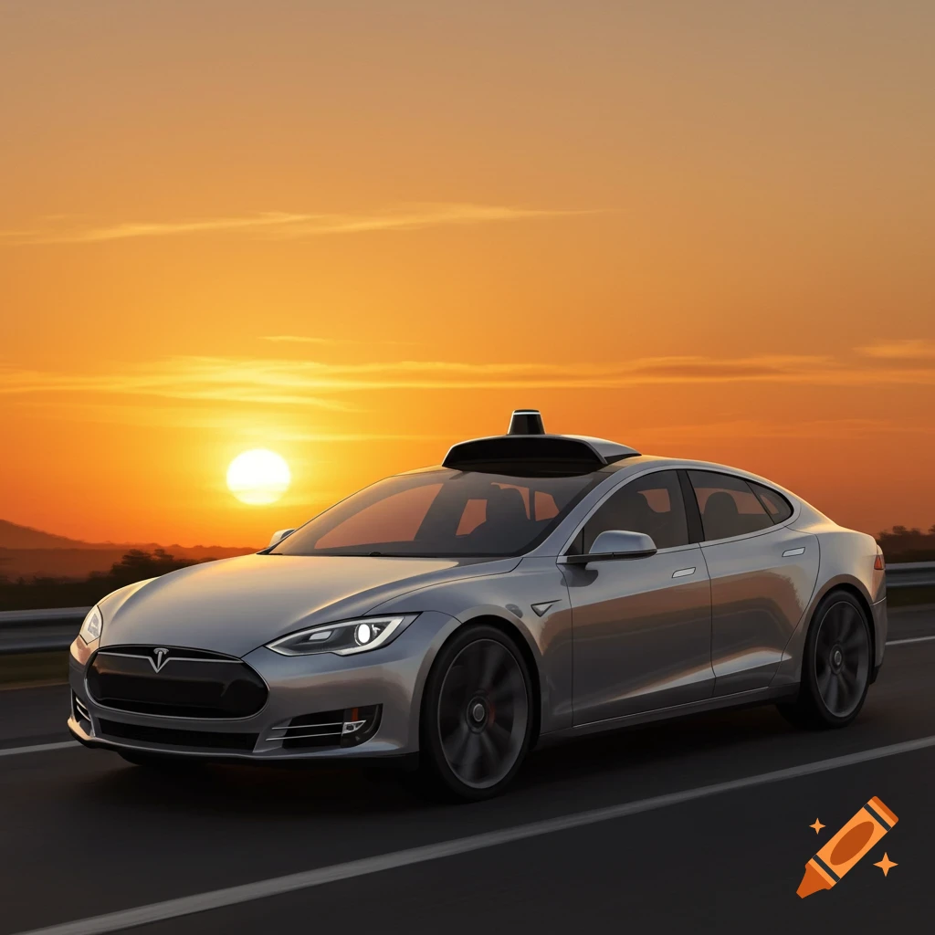 A silver self-driving car on a road at sunset. Photorealistic style.