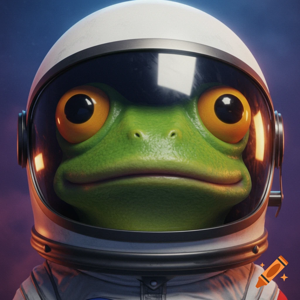 A cartoon-style frog wearing an astronaut helmet looking forward.