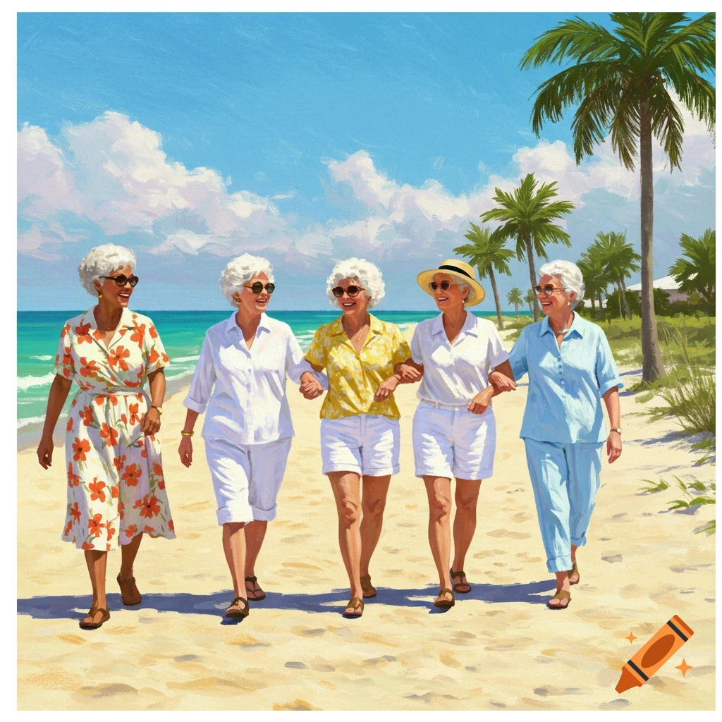 Five smiling older women walk arm-in-arm on a sunny beach with palm trees.