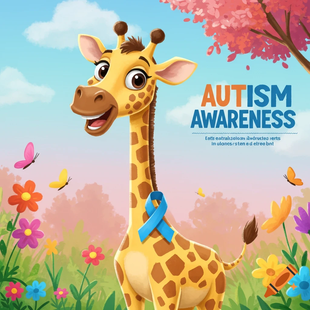 Cartoon giraffe with blue ribbon in flower field and butterflies. Text reads: AUTISM AWARENESS.
